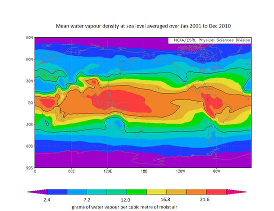 World map with water vapour density distribution