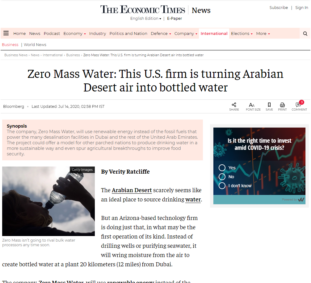 Picture of article about Zero Mass Water's installation for a water bottling plant in Dubai, UAE