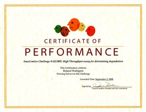 Photo of InnoCentive certificate (Winning Solver)