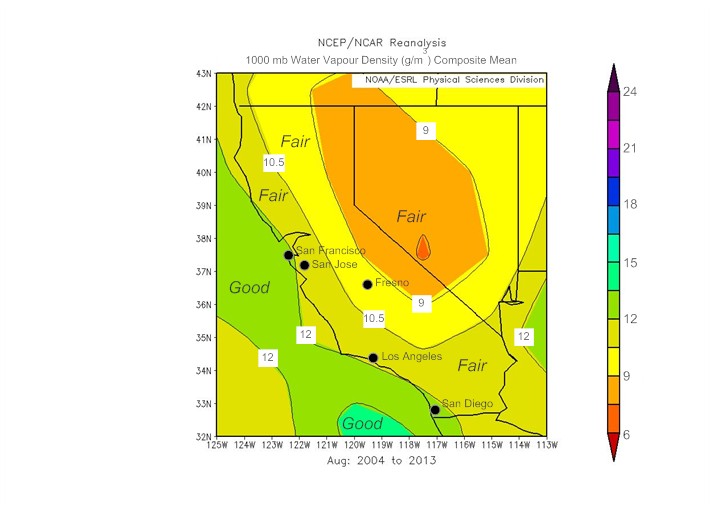 Picture of water vapor denisty field for California in August.