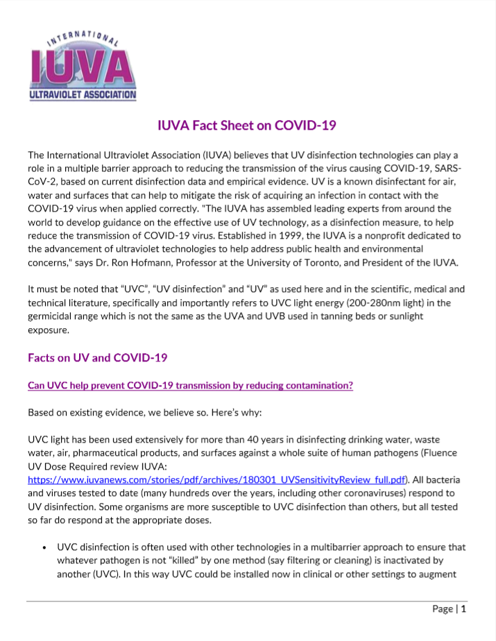 Picture of cover page of IUVA Fact Sheet on COVID-19